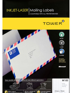 Tower W100 A4 Inkjet/Laser Address Labels (37x70mm)(100 Sht) - 24-Up